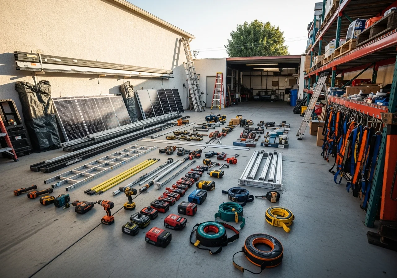 Construction crew and tools ready for residential solar and remodeling projects.