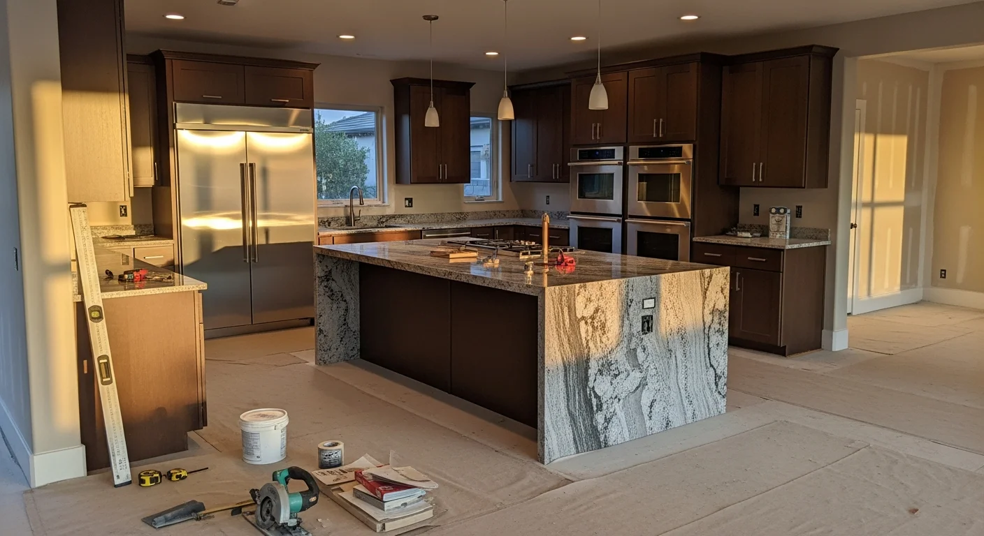 Modern kitchen with custom cabinets and countertops after remodeling