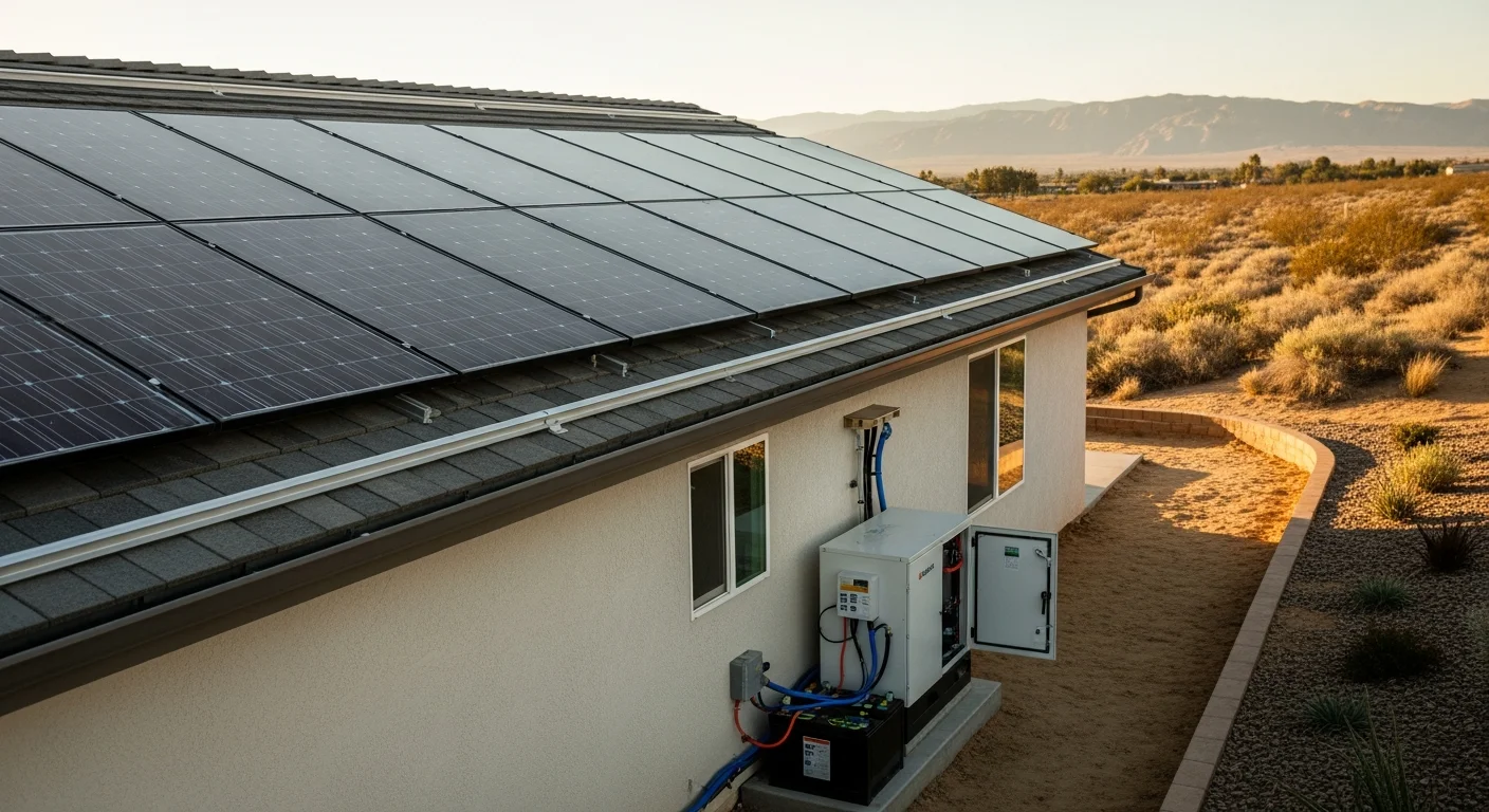 Solar panels installed on residential roof with battery storage system