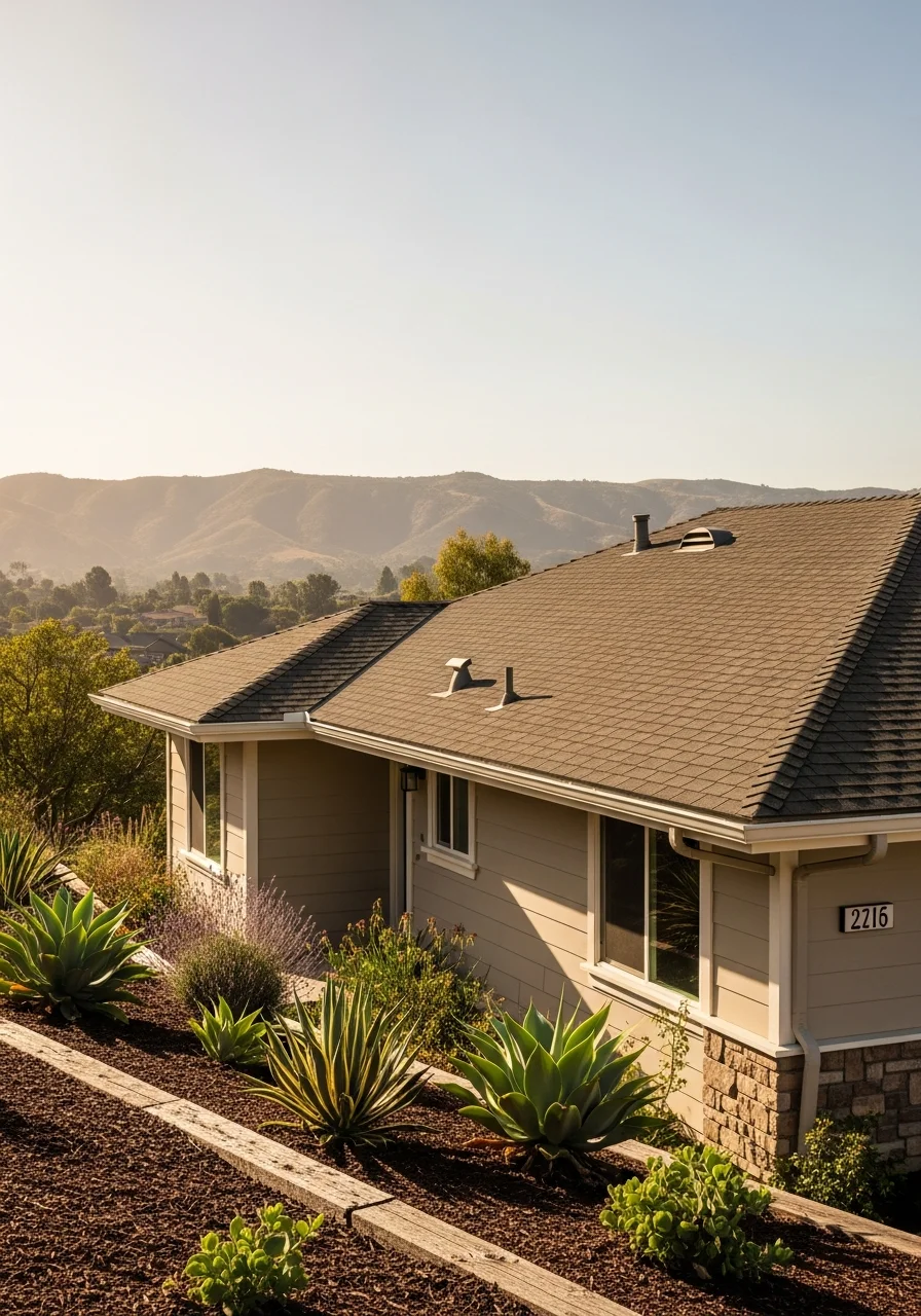 Hillside home in Chatsworth with landscaping and driveway access.