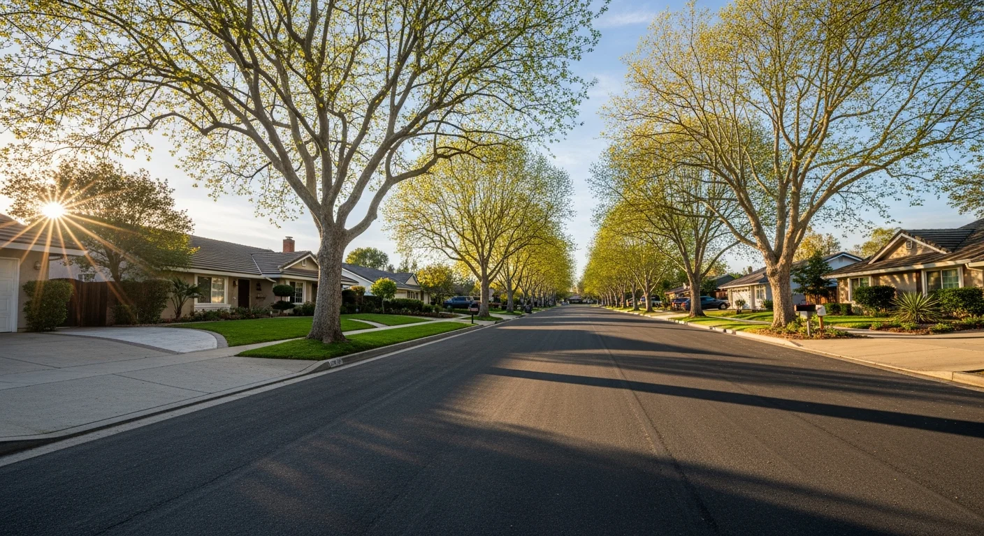 Residential street in Chatsworth with single-family homes and mature trees under clear sky.