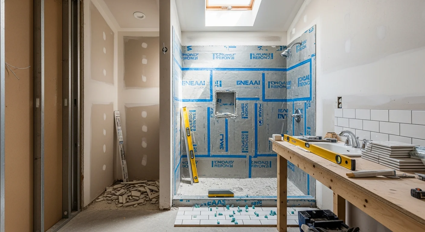A remodeled bathroom in a Chatsworth ranch-style home featuring a tiled walk-in shower, updated vanity, and recessed lighting. The finished space reflects a full gut remodel completed by Skyland Construction in the San Fernando Valley.