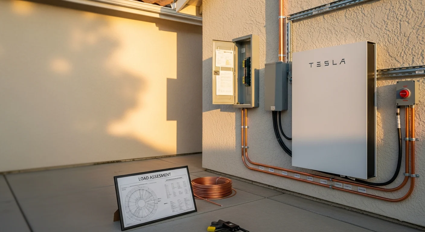 A home battery storage system mounted on the exterior wall of a single-family house in Chatsworth, California. The unit is connected to a rooftop solar array with visible conduit running along the stucco exterior.