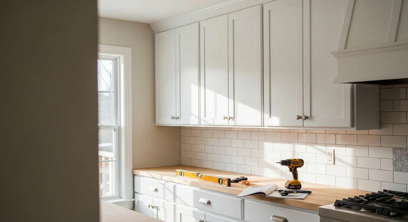 Newly installed kitchen cabinets with clean white shaker doors and open upper shelving in a Chatsworth single-family home. Lower cabinets are flush-mounted along a painted drywall wall with visible hardware and soft-close drawer fronts.