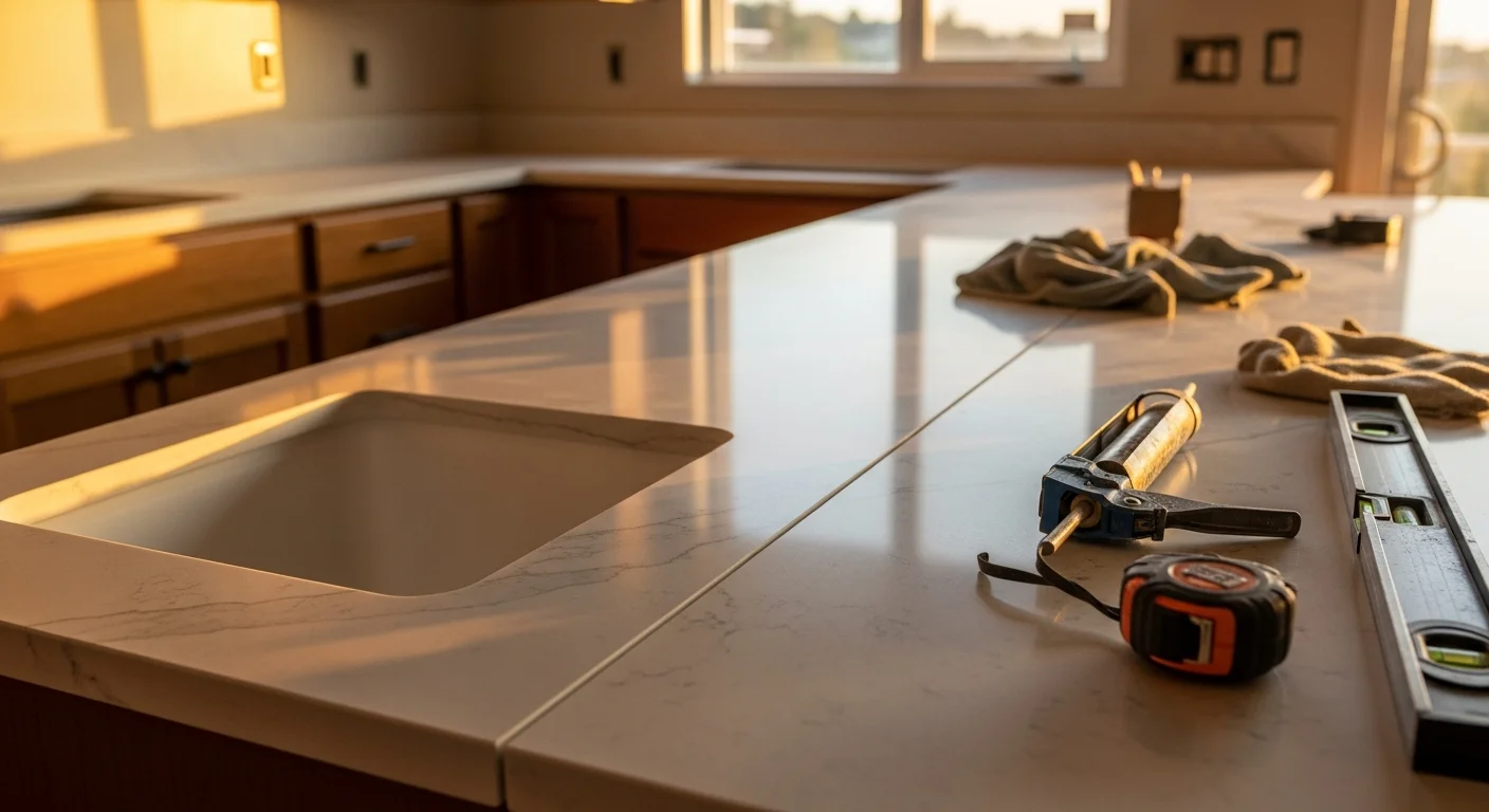 Newly installed kitchen countertop in a Chatsworth single-family home, showing clean edge work along the sink cutout and smooth surface running the length of the base cabinets. Bright natural light from a window above the sink highlights the finished surface and updated kitchen layout.