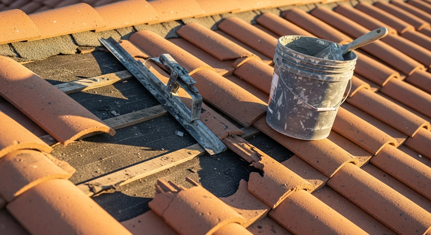 A Skyland Construction roofer securing damaged flashing and replacing cracked tiles on a Spanish-style ranch home in Chatsworth, CA after storm and wind damage. Close-up view shows exposed underlayment and repaired roof section under clear Southern California daylight.