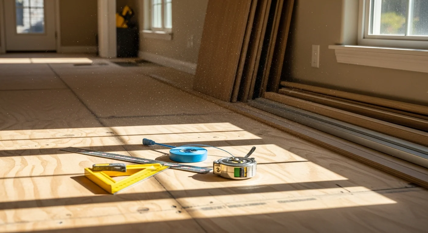 Freshly installed flooring running through the open-plan living area of a Chatsworth single-family home, showing clean seams and finished transitions at doorways. Natural light from large windows highlights the even surface and consistent color across the room.
