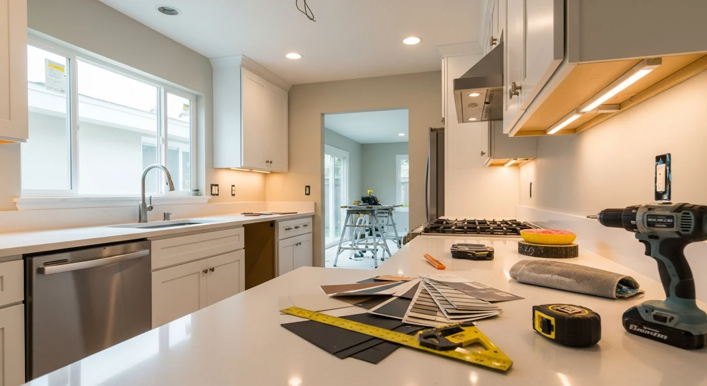Remodeled kitchen in a Chatsworth home featuring an open layout, new cabinetry, and updated countertops. The space connects to the living area, reflecting a common design choice in San Fernando Valley ranch-style homes.