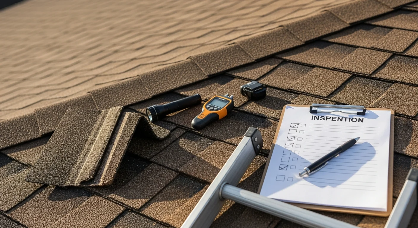 A Skyland Construction roofing contractor inspecting the tile surface and flashing of a mid-century residential roof in Chatsworth, California. The inspector examines ridge lines and gutter connections on a clear day with the Santa Susana foothills visible in the background.