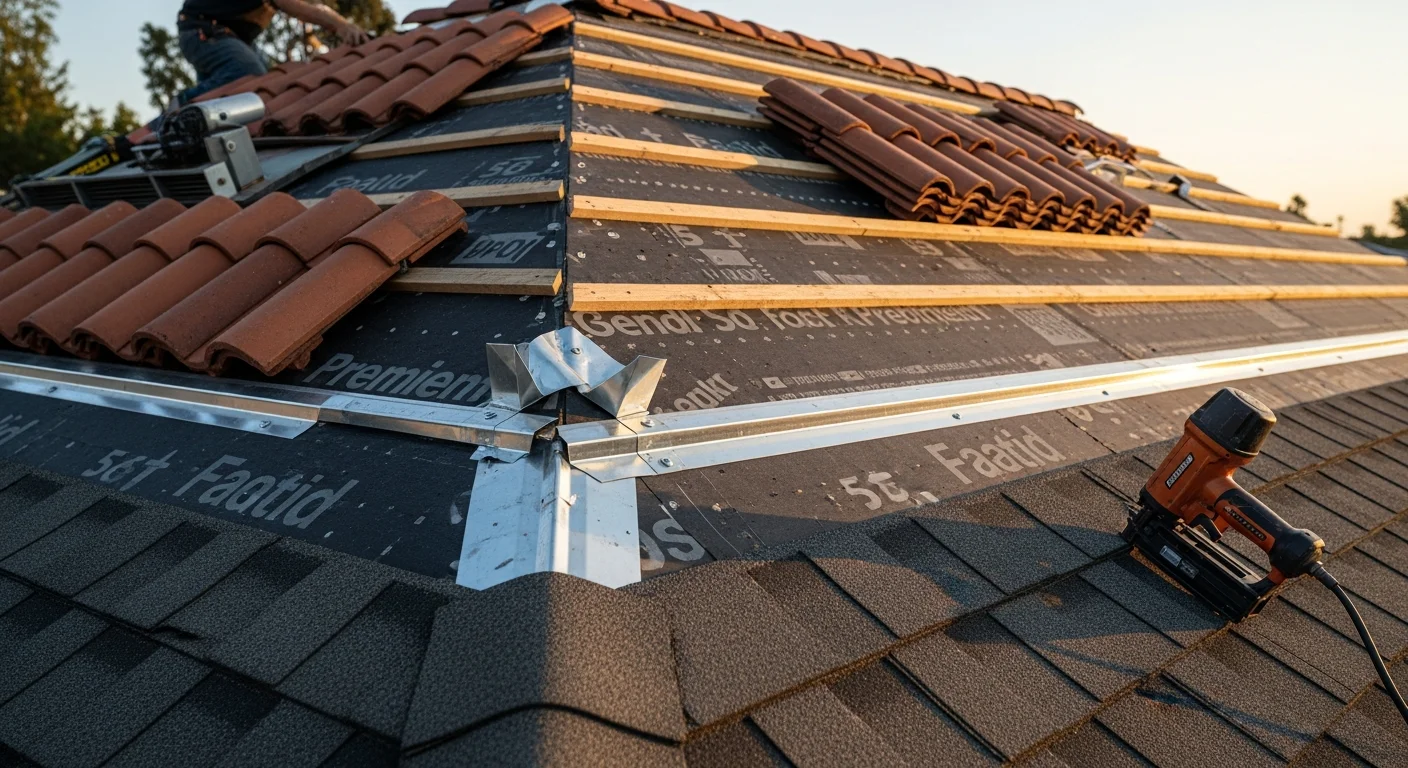A newly installed residential roof on a ranch-style home in Chatsworth, California, showing clean ridge lines, uniform surface coverage, and proper flashing at the eaves. The surrounding Santa Susana Mountain foothills are visible in the background under clear Southern California skies.