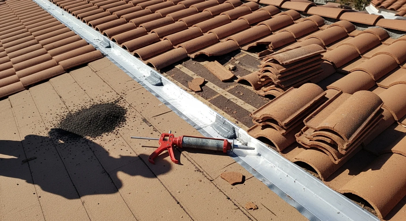 A Skyland Construction roofer repairing cracked tile and flashing on a residential roof in Chatsworth, CA. Sun-bleached roofing materials and a clear San Fernando Valley sky visible in the background.