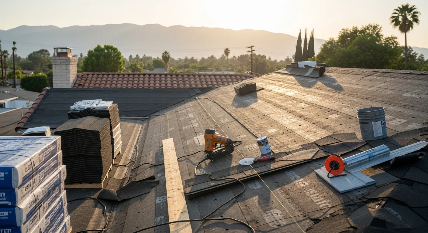 A completed roof replacement on a single-story ranch-style home in Chatsworth, CA, showing a clean roofline with new roofing installed against a backdrop of the Santa Susana Mountains. The finished installation reflects a full system replacement suited to the San Fernando Valley's heat and fire-zone requirements.