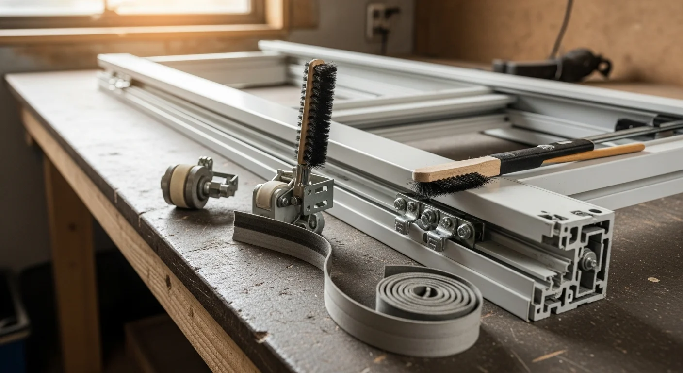 A repaired sliding window with a clean aluminum track and aligned roller hardware in a single-story Chatsworth home. The window panel glides smoothly in its frame, with no visible gap along the weatherstripping seal.