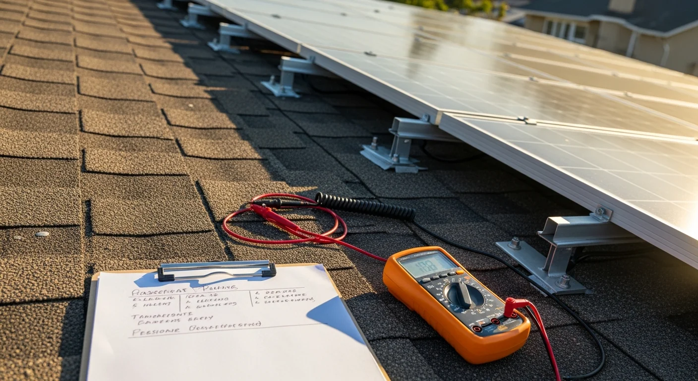 A Skyland Construction technician inspecting solar panels on a residential rooftop in Chatsworth, California. The technician examines panel surfaces and mounting hardware under clear Southern California sunlight.