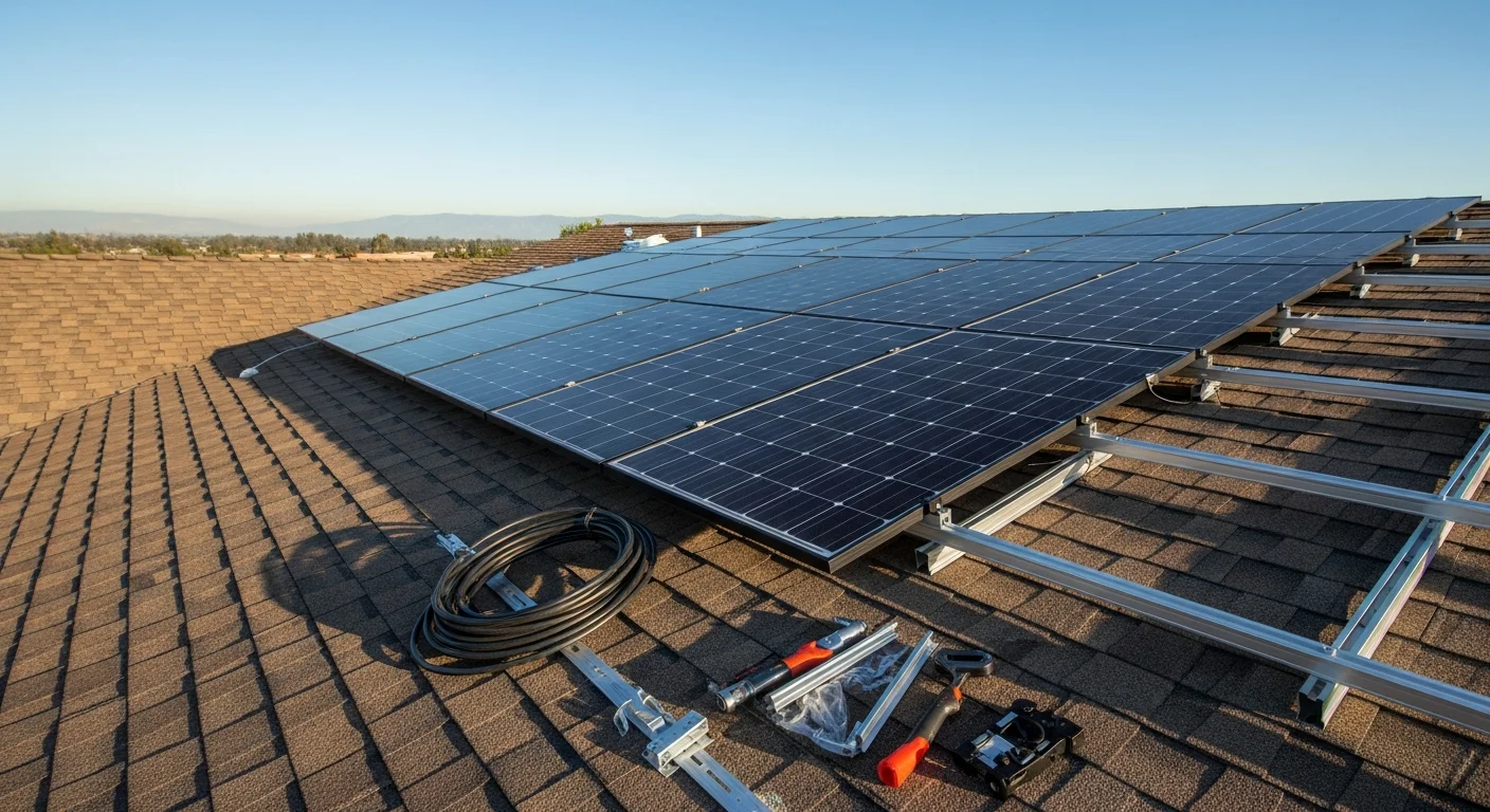 Solar panels mounted on the south-facing roof of a single-family home in Chatsworth, California, with clear blue sky and San Fernando Valley hillsides visible in the background. The installation shows flush-mounted panels across a composition shingle roof on a residential property.
