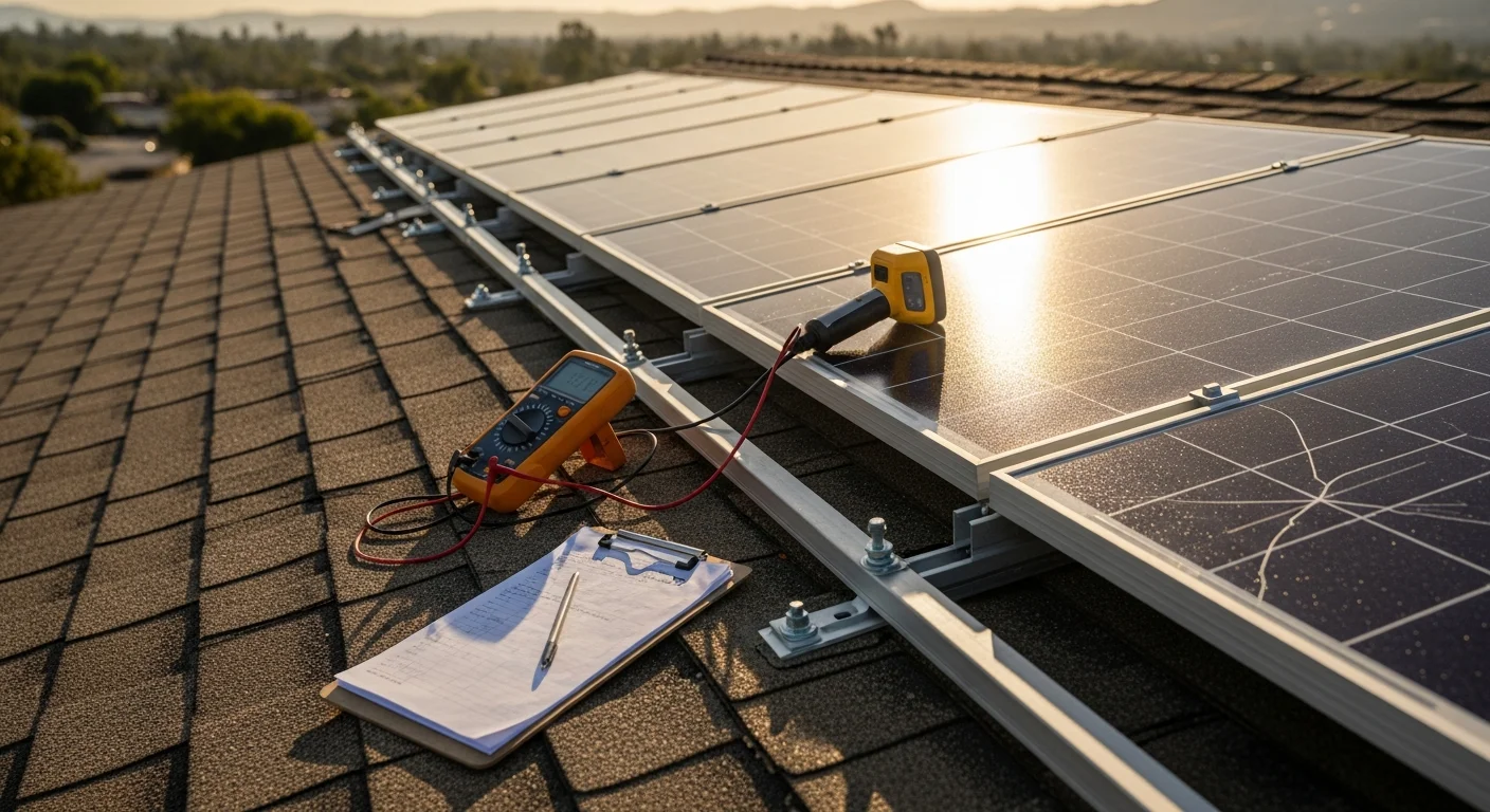 A Skyland Construction technician inspecting a rooftop solar array on a tile-roof home in Chatsworth, CA. Close-up view shows a technician checking panel mounting hardware and wiring connections under clear inland valley sunlight.