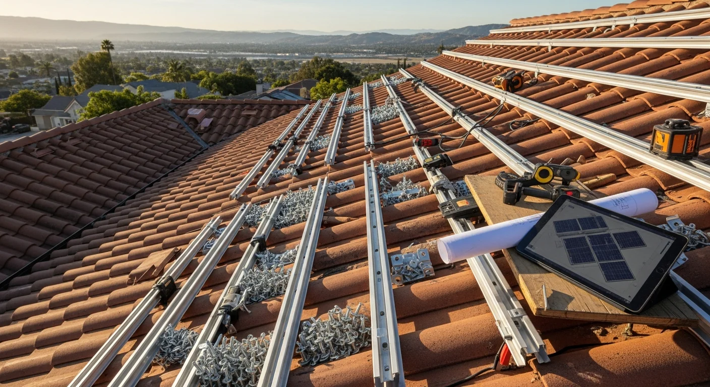 A detailed solar system design layout displayed over an aerial view of a single-story residential roof in Chatsworth, California, showing panel placement, orientation markings, and shading analysis zones.