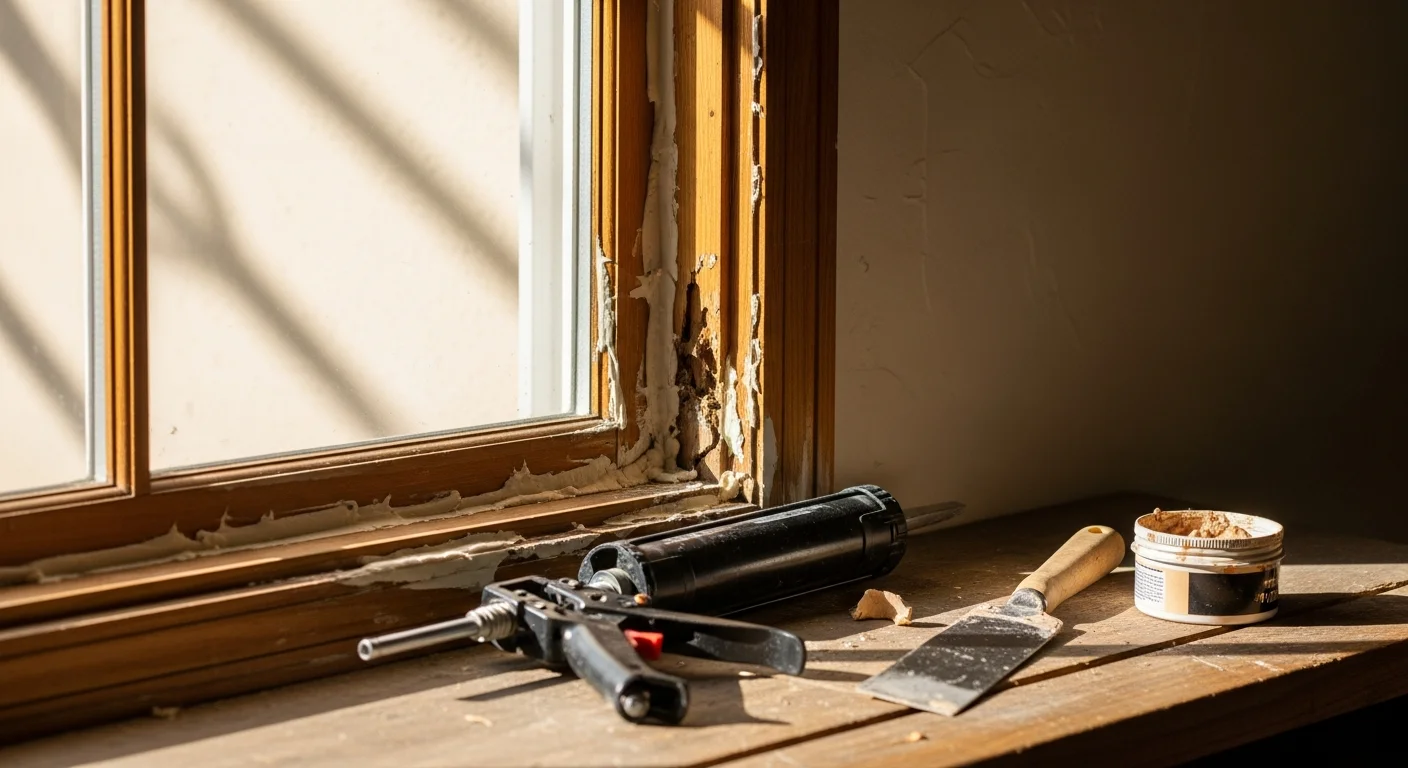 A repaired exterior window frame on a single-family home in Chatsworth, showing clean edges and tight weatherstripping with no visible cracks or rot. A Skyland Construction technician inspects the finished frame against a clear San Fernando Valley sky.