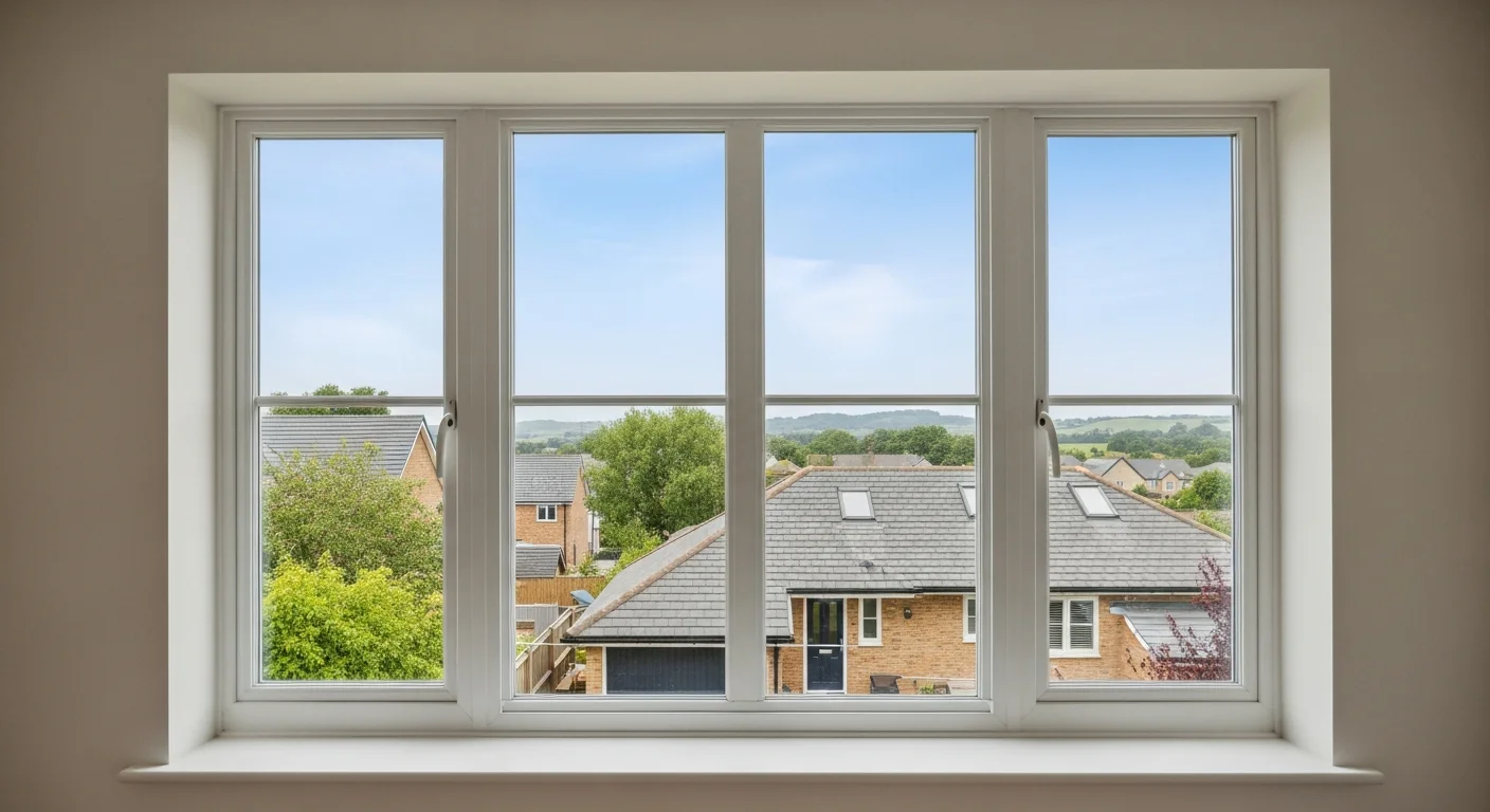 A Chatsworth home exterior showing newly installed replacement windows with clean frames and clear glass. A Skyland Construction crew member secures the final window unit into a freshly prepared opening on a single-story residential property.